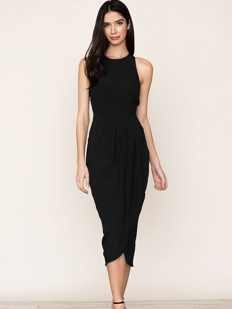 Black So Social Round Neck Sleeveless Irregular Hem Midi Dress - Landing Closet