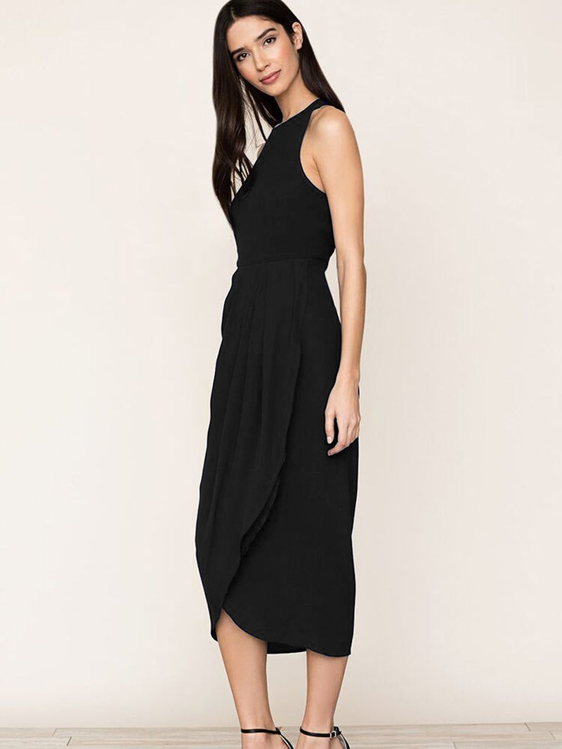 Black So Social Round Neck Sleeveless Irregular Hem Midi Dress - Landing Closet