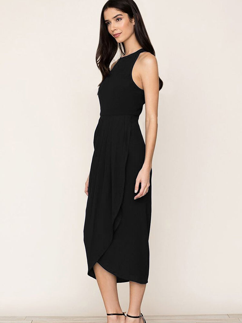 Black So Social Round Neck Sleeveless Irregular Hem Midi Dress - Landing Closet