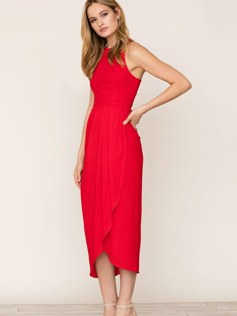 Red So Social Round Neck Sleeveless Irregular Hem Midi Dress